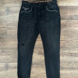 Rock Revival Steven Straight Jeans Mens Size 36 Black Relaxed Straigh Distressed